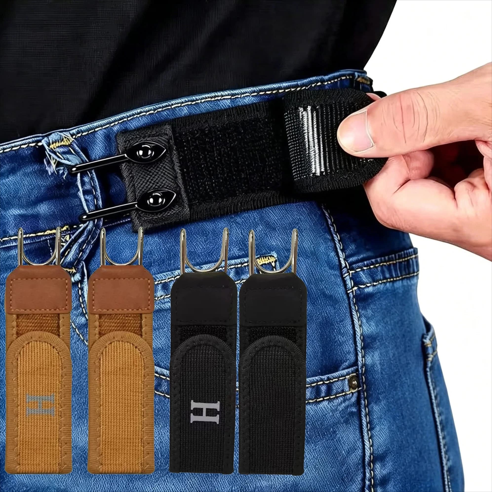 Pants Waist Tightener, Elastic Waistband Extender with Magic Tape & Metal Hooks, No-Sew Instant Adjustable Belt Buckle for Jeans