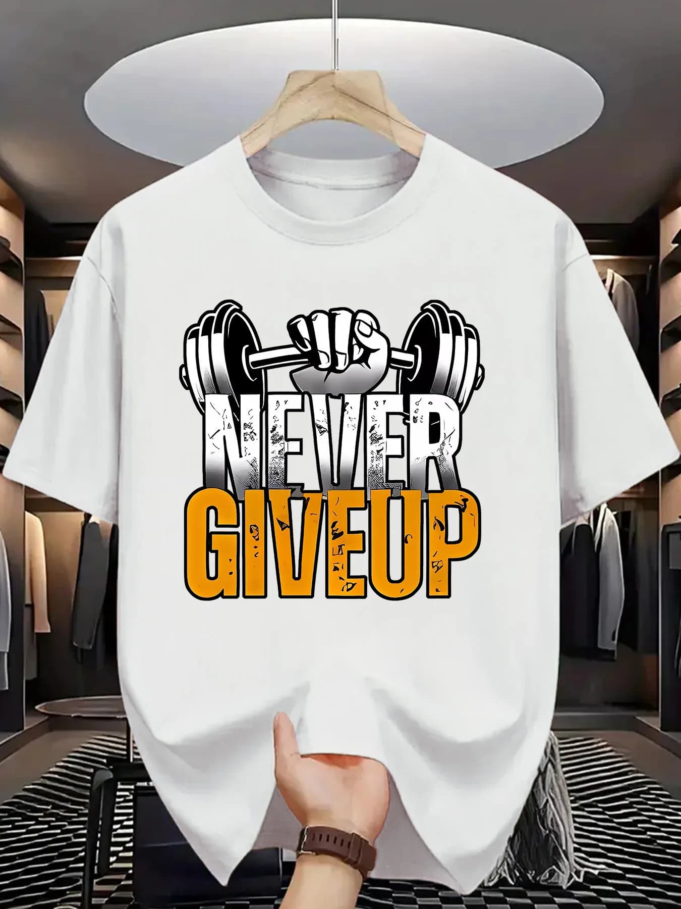 Gym Workout Motivational Graphic Tee Never Give Up Dumbbell Print Men Summer Cotton Streetwear T-shirt