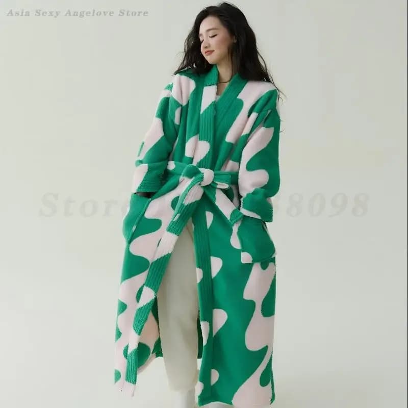 Autumn Winter New Dress Pigiama Set Coral Fleece Addensed Printed Dresses for Home Bathrobe Long Kimono Flannel Dress Hot Nightwear