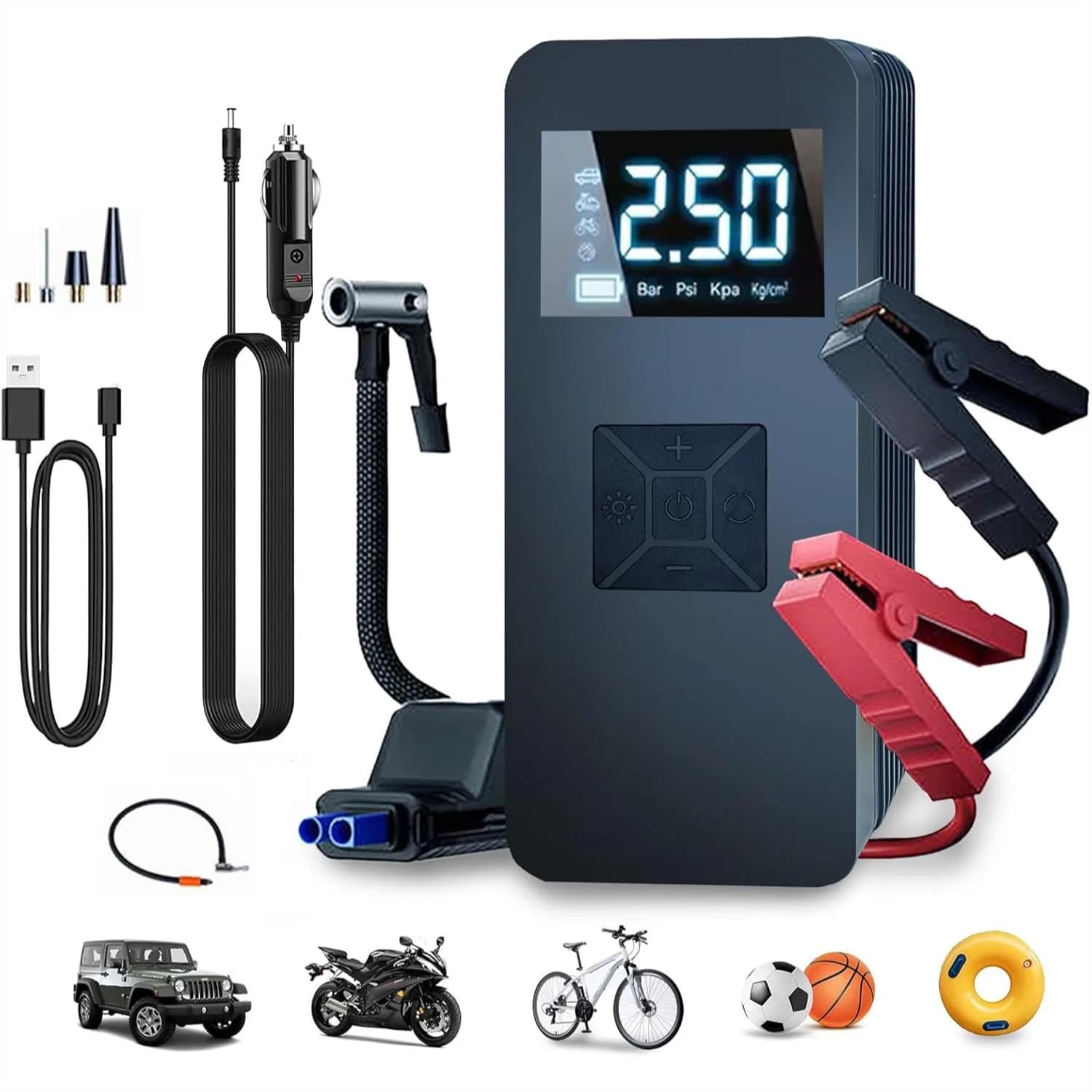 Avviatore di Emergenza Portatile con Compressore d'Aria, 8000A di Picco, 14.8V per Batteria Auto, Gonfiatore Pneumatici 150PSI con Display LCD e LED