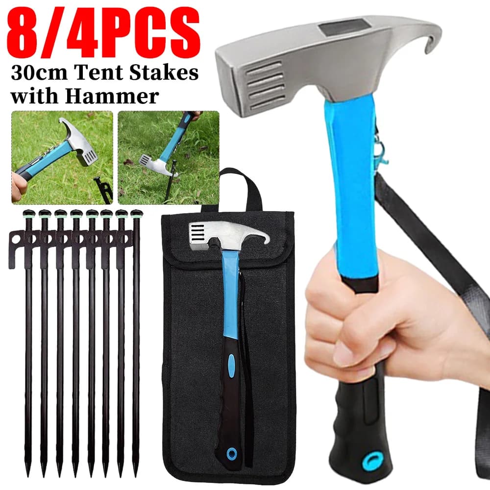 8/4PCS Camping Tent Stakes and Hammer Set Pegging Ground Nails 30cm Heavy Duty Forged Steel Tent Pegs Outdoor Camping Supplies