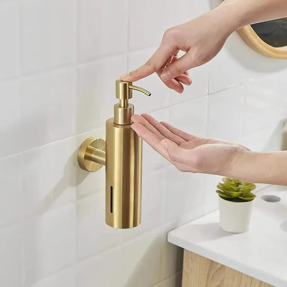 Dispenser di Sapone Manuale in Acciaio Inox Spazzolato da 250ML, Montaggio a Parete, Oro e Nero, Forma Quadrata o Rotonda, per Bagni di Hotel