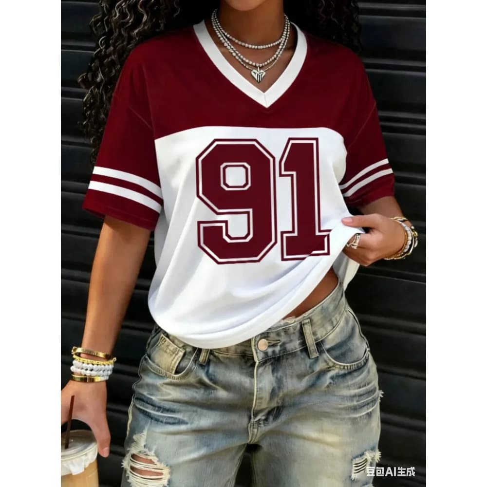 American Style Women Print Fashion Comfortable Lightweight Breathable V-Neck Short Sleeved Baseball T-Shirt Tops Tee Casual Top