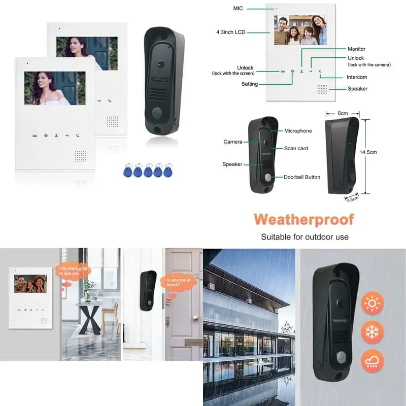 4.3 Inch Wired Video Door Phone Doorbell Home Security System Kit One Outdoor Camera Doorbell with Two