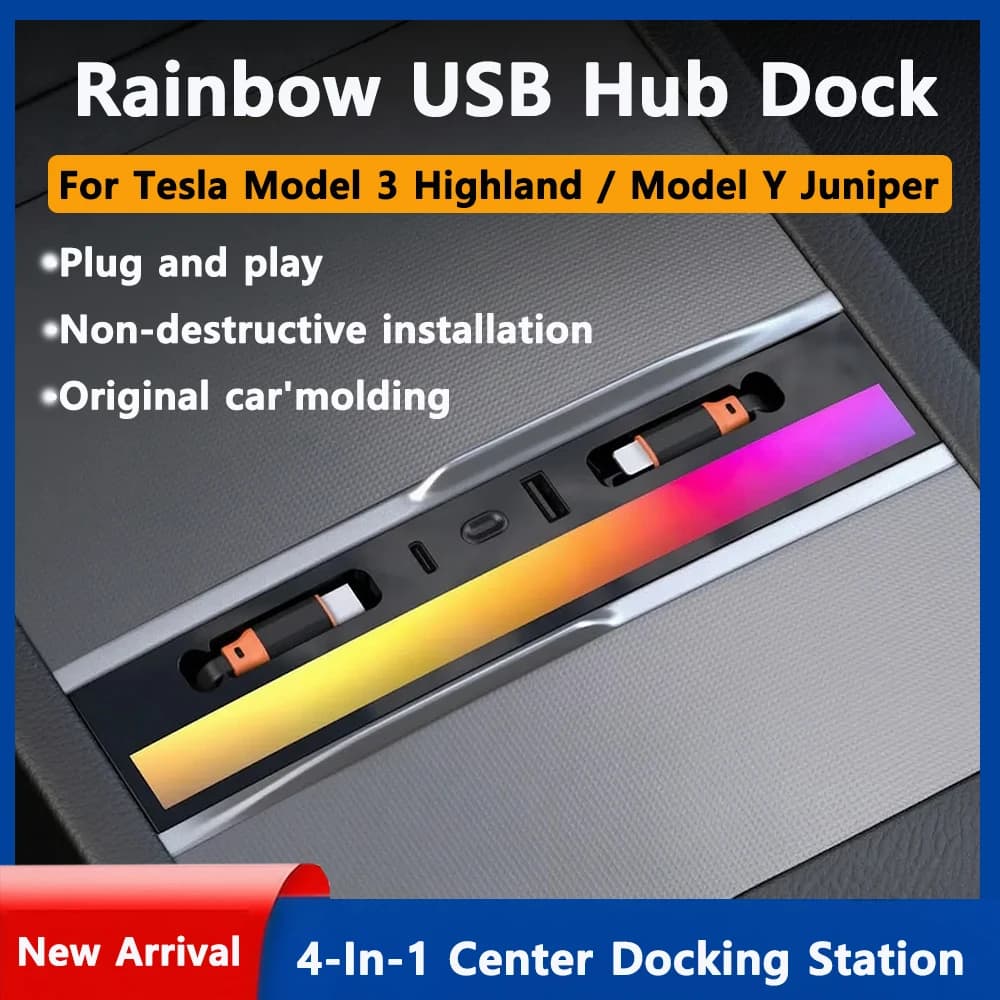 Fast Charging USB Hub Docking Station with Rainbow Light For Tesla Model Y Juniper Model 3 Highland Retractable Ambient Lighting