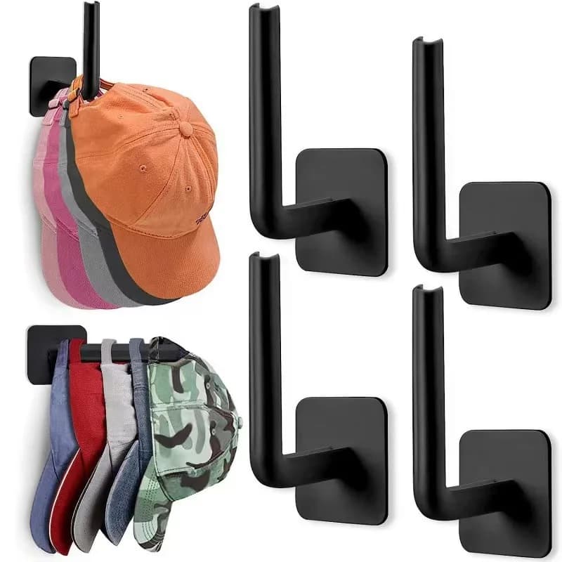 4 PcsHat Organizer for Baseball Caps, Hat Rack for Wall, Stainless Steel Baseball Cap Organizer, L Shaped Adhesive Hat Hooks Hanger for Door, Bedroom, Closet(Black)