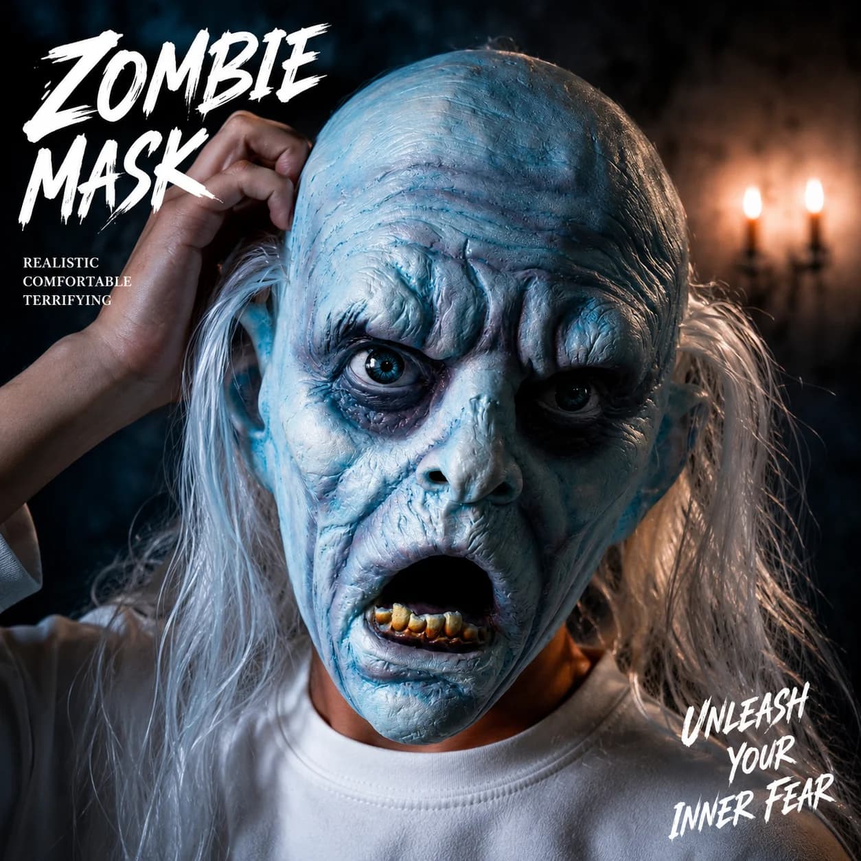 Blue Male Ghost Mask Latex Full Head Undead Monster Hair Adult Halloween Horror Cosplay Carnival Party Prop