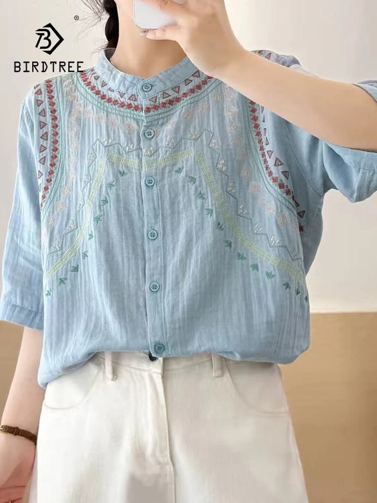 Nuova camicia a mezza manica in filato di cotone estivo 2025, patchwork ricamato con scollo a O da donna, camicetta ampia da pendolarismo dolce Mori Girl T55216CC