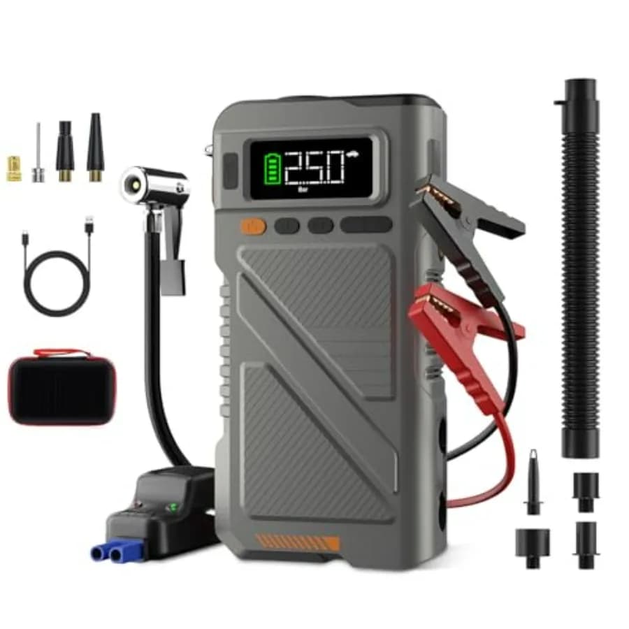 Avviatore d'emergenza portatile 12V per auto con compressore d'aria 9000A, kit 9 in 1 per auto a benzina/diesel, gonfiatore pneumatici 16L 150 PSI