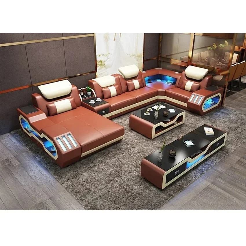 Set divano illuminato a LED con poltrona reclinabile, altoparlante e porte USB | Divano componibile in vera pelle con console e poggiatesta regolabili