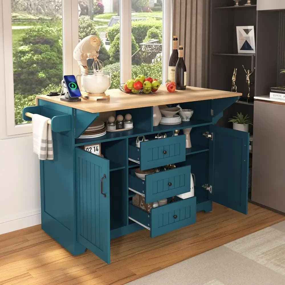 Carrello da Cucina Versatile con Ripiani Estraibili, Tavolo Mobile, Spazio di Stoccaggio, Prese di Corrente, Scaffali, Porta Spezie e Portasciugamani