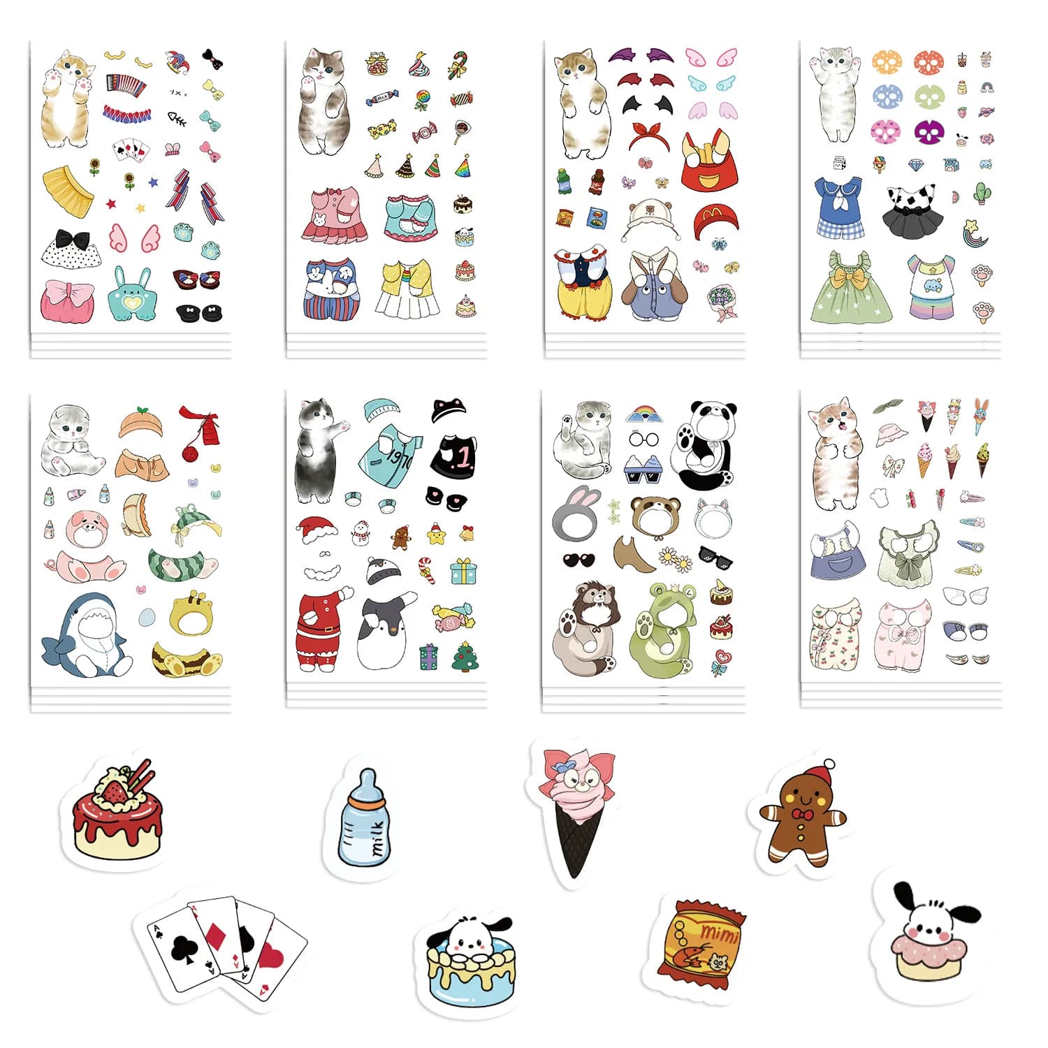 8Sheets Watercolor Cat Pajamas Make-A-Face Puzzle Stickers DIY Game for Kids Cute Jigsaw Toys Children's Creative Activity Pack