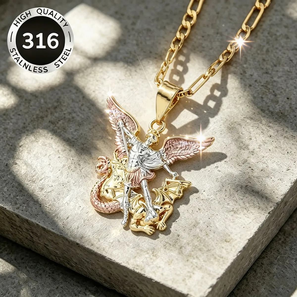 Retro-style Archangel Michael Charm 316 stainless steel necklace, zircon-inlaid Figaro chain skin-friendly jewelry, shielding your aura and deflecting bad things, suitable for daily wear