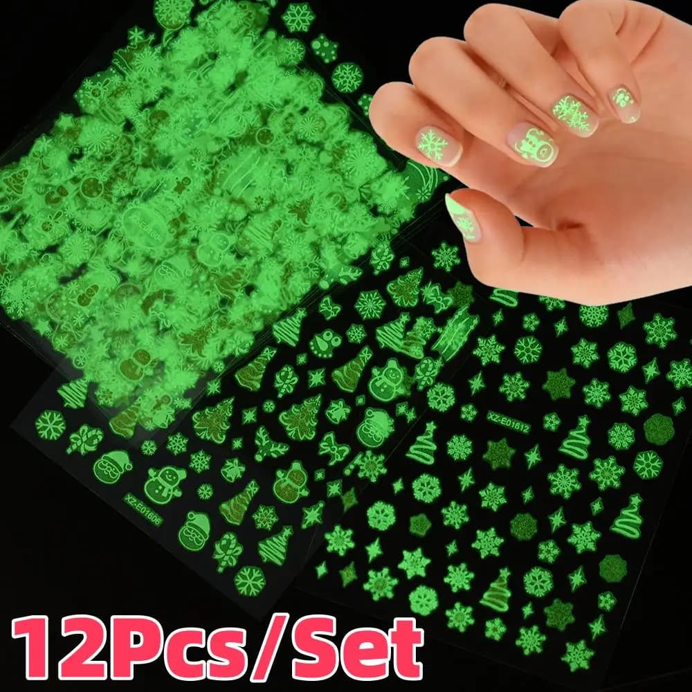12 Pz/set 3D Luminoso Di Natale Fiocchi di Neve Adesivi Per Unghie Pupazzo di Neve Alce Albero di Natale Arco Campana Decalcomanie Per Unghie Inverno Unghie artistiche Decorazioni