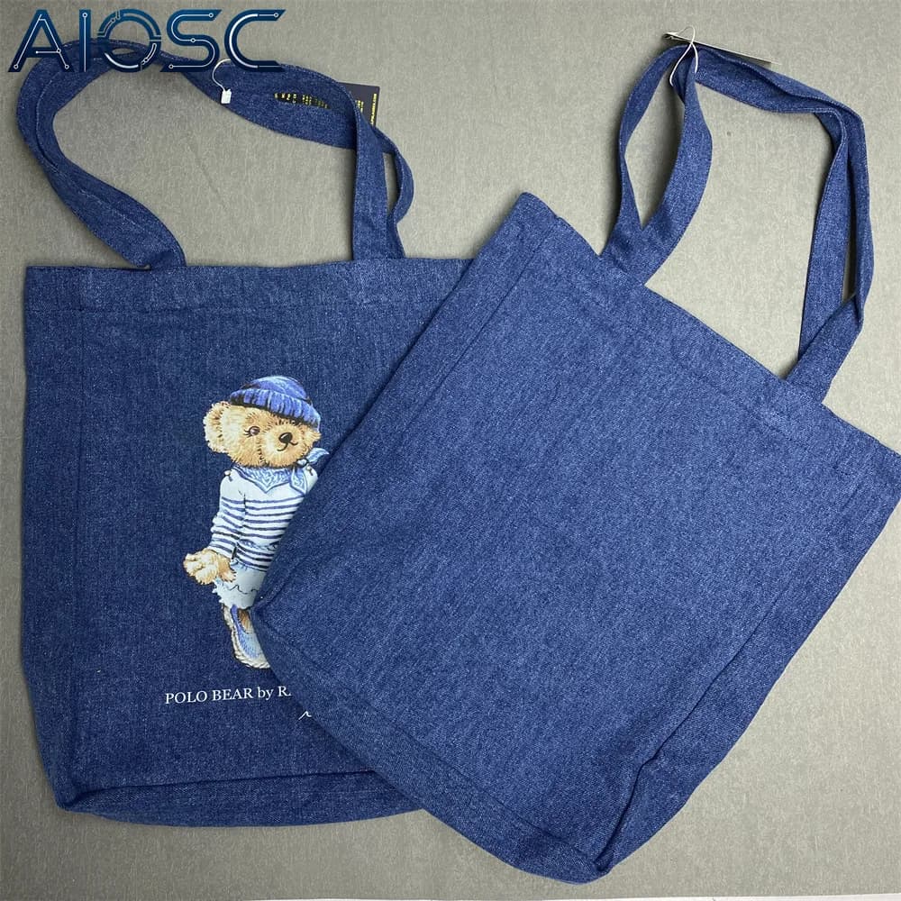 Harajuku Style Dual-piece Denim Canvas Tote Bag Soft Pink Outfit Teddy Bear Print Casual Reusable Daily Shopping Handbag