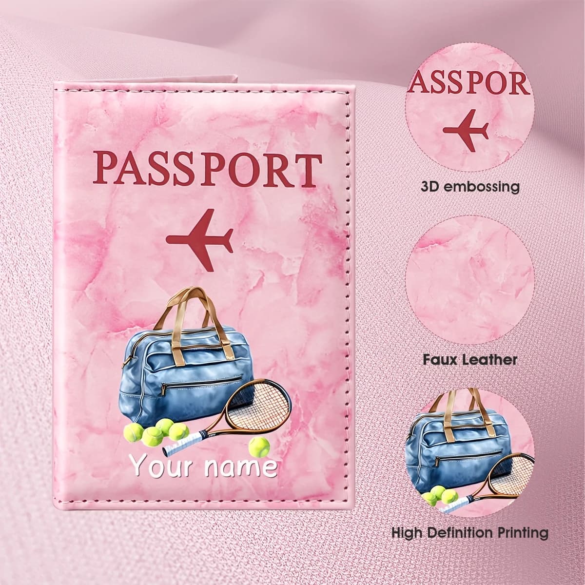 Personalized Custom Name Travel-Themed Tennis Sport Style PU Passport Holder, Blue Canvas Bag with Tennis Racket Pattern Design