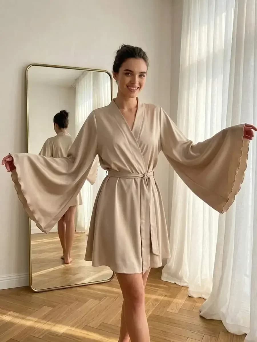 1pc Elegant Women's Bathrobe With Wide Sleeves - Soft & Comfortable Homeware, Perfect For Honeymoon, Spa & Daily Wear