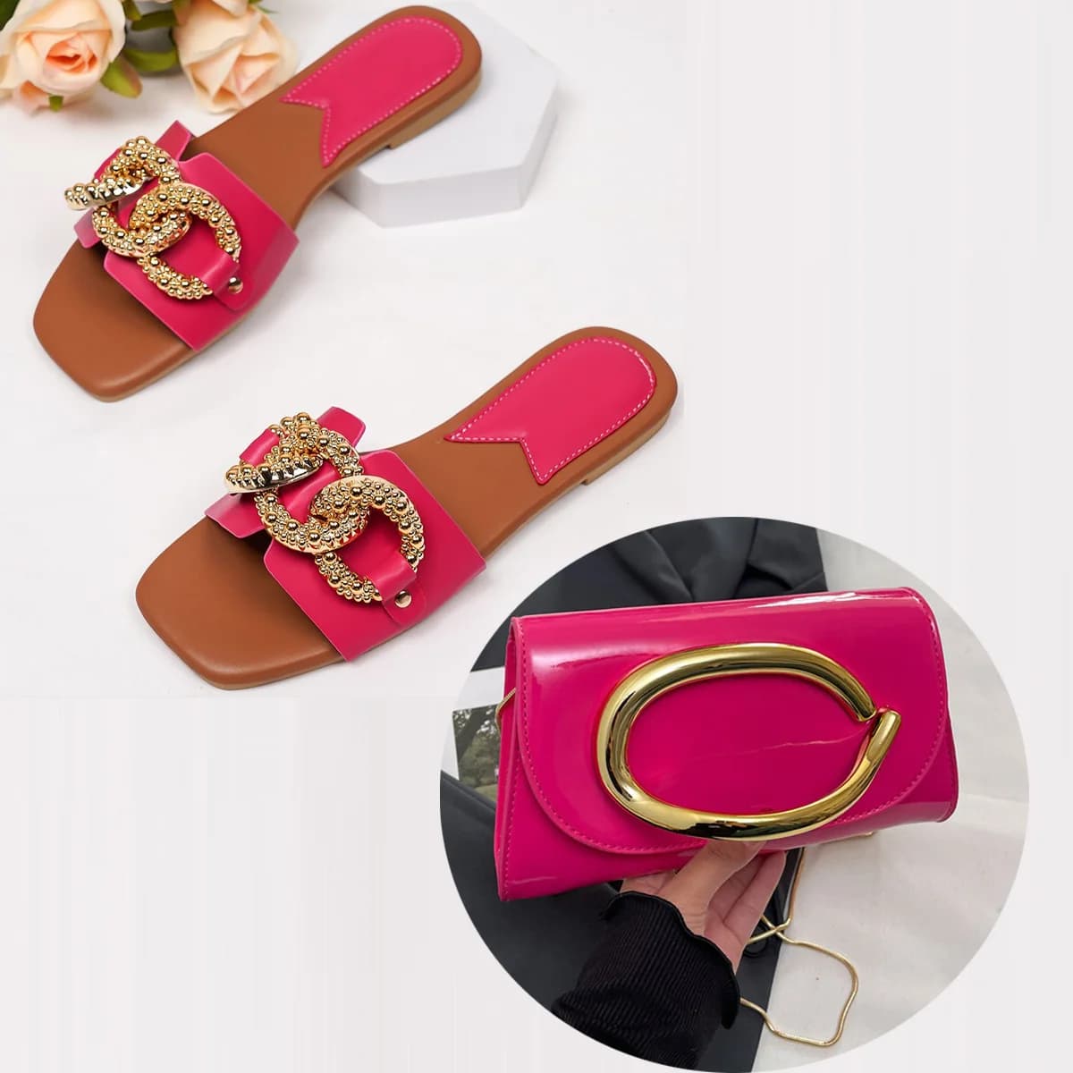 Set Estivo 2026 da Donna: Ciabatte con Catena e Diamanti, Scarpe da Spiaggia a Fondo Piatto Taglie Forti e Borsa a Tracolla con Catena
