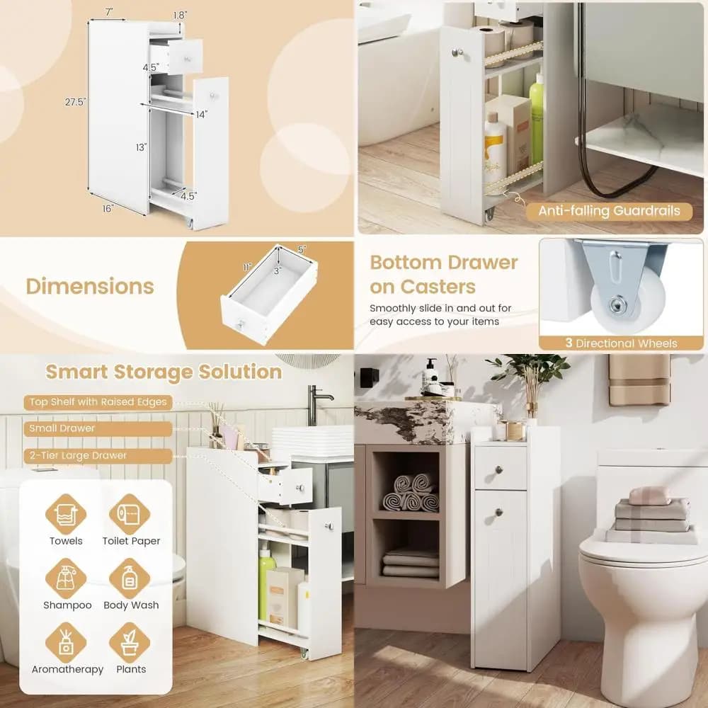Mobiletto Salvaspazio a 4 Ripiani per Bagno con Ruote, Porta Carta Igienica per Piccoli Spazi (Bianco)