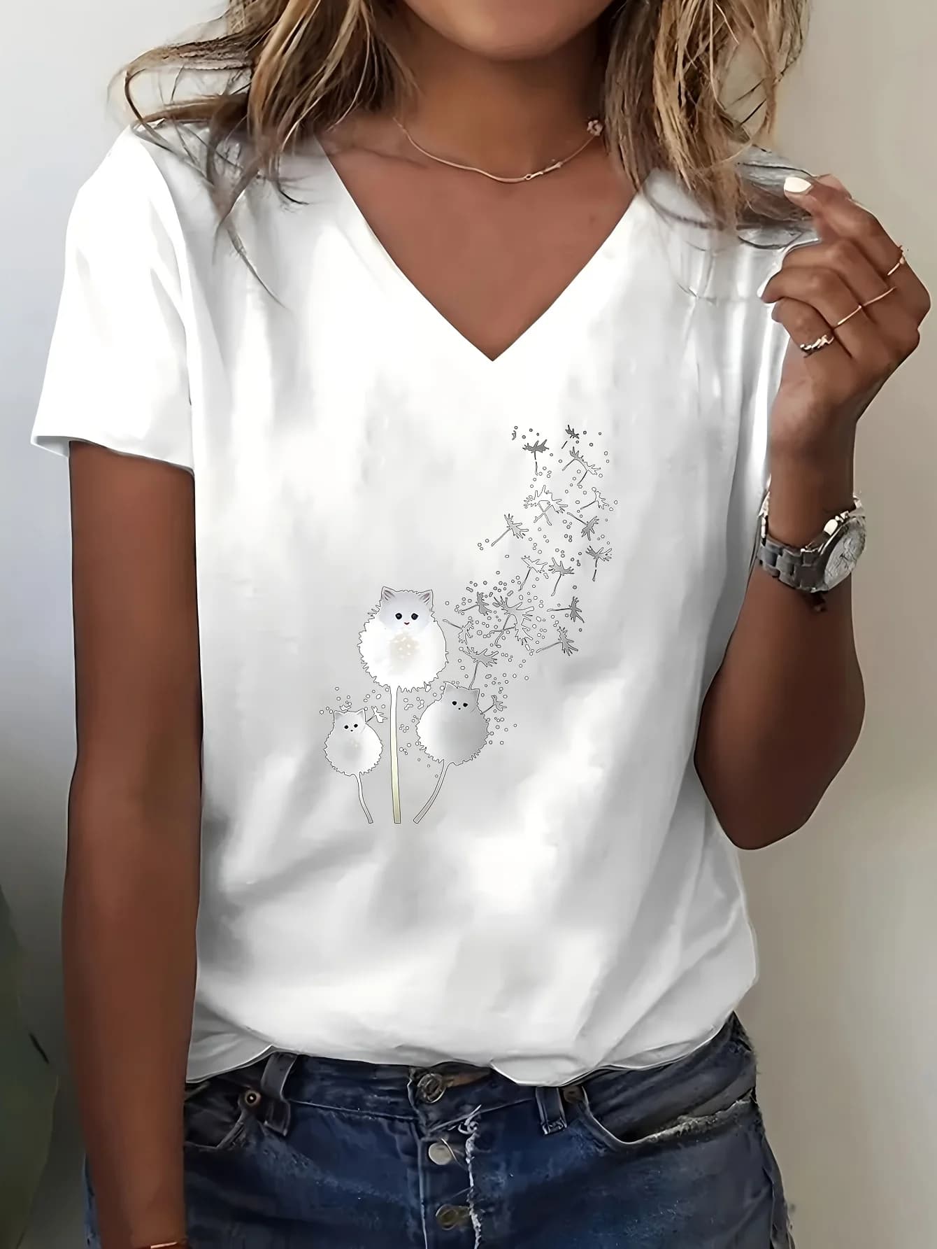 Casual versatile cat dandelion print T-shirt, perfect for home, outing, or as a gift | Ideal choice for birthdays, Valentine's Day, and more, a home V-neck short-sleeve top