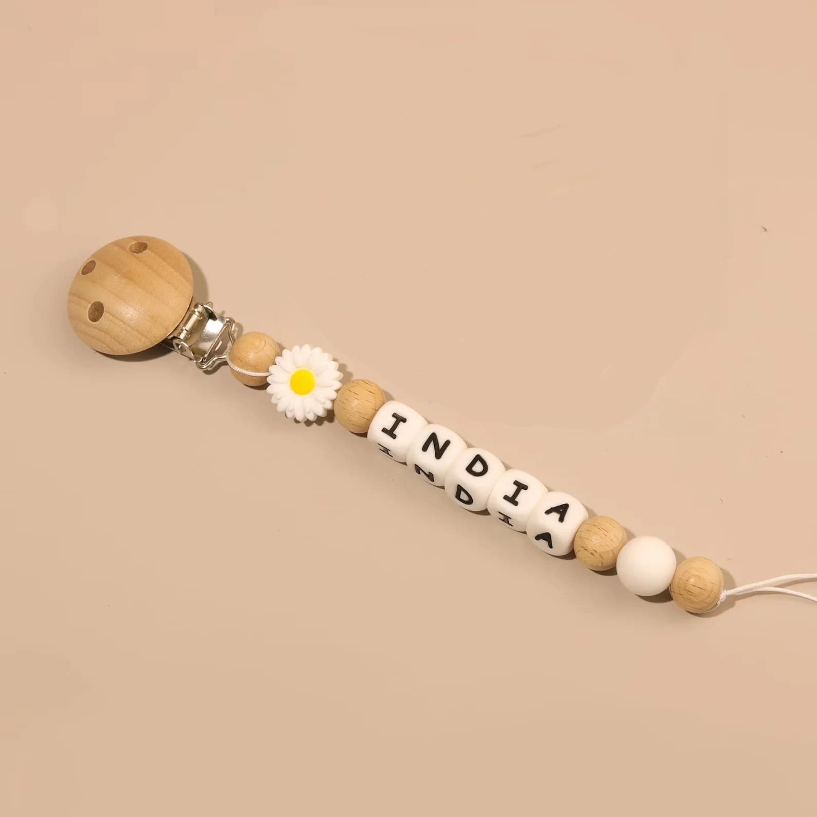Clip per ciuccio per bambini Nome personalizzato Fiore Manichino in silicone Porta capezzoli Clip Catena per dentizione Giocattolo Accessori per ciuccio BPA gratuito
