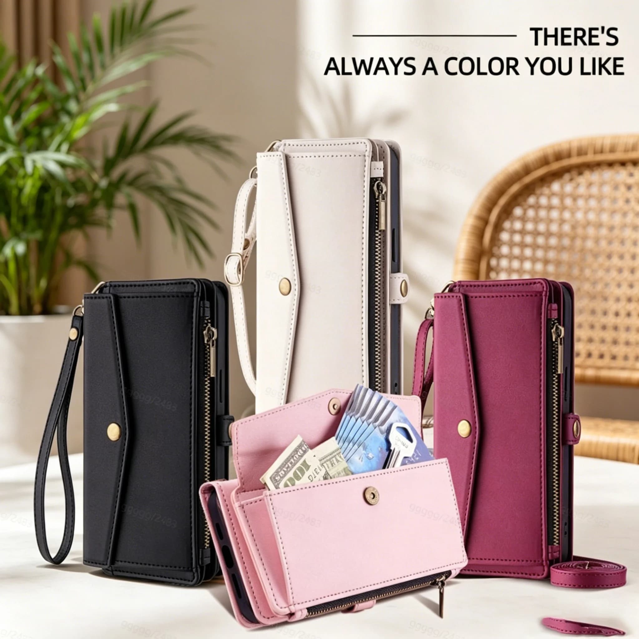 Multi-Functional Zipper Wallet Phone Case For iPhone 12-17 Series, TPU+PU Leather Card Holder Crossbody Strap Shockproof Cover