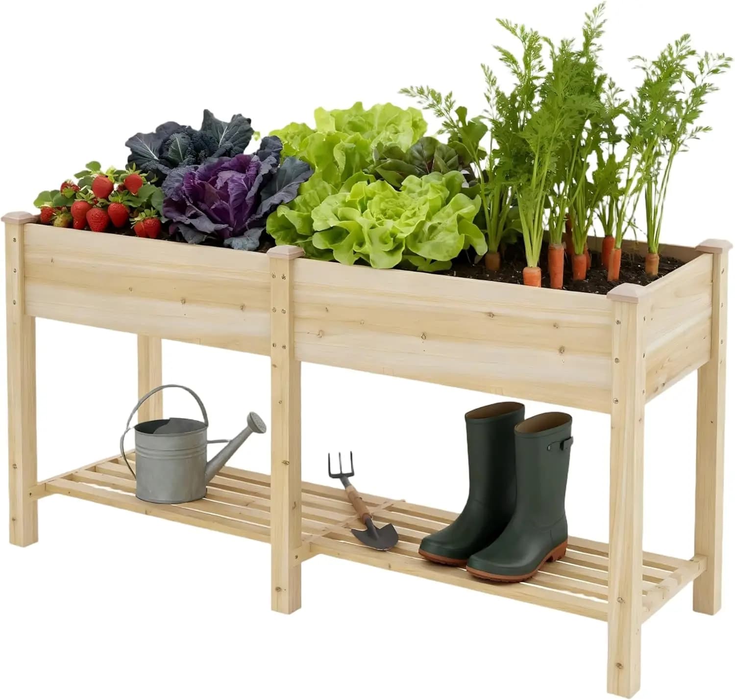 Fioriera Rialzata in Legno con Ripiano Portaoggetti per Verdure, Fiori ed Erbe, 72x24x30.7 inch, Naturale