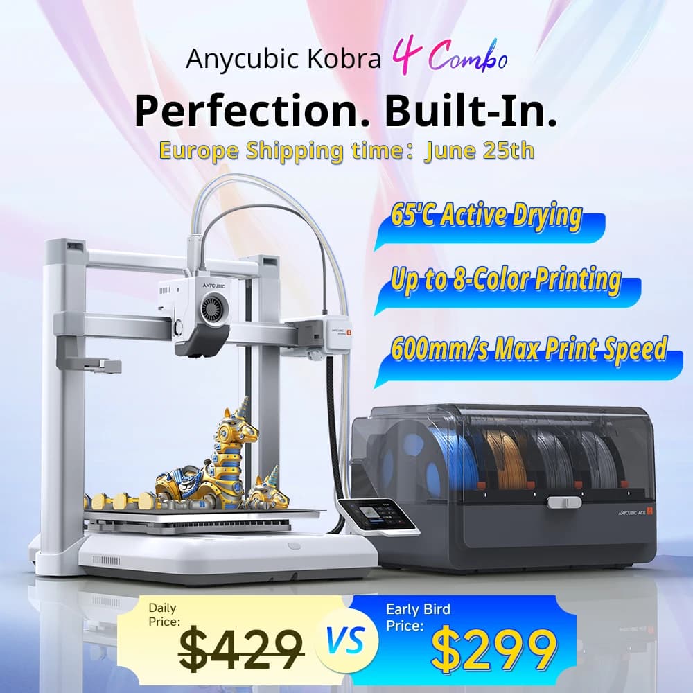 Stampante 3D ANYCUBIC Kobra 4 Combo con stampa veloce a 600 mm/s, fino a 8 colori, asciugatura filamento ACE 2 Pro, controllo tramite app, tecnologia FDM.