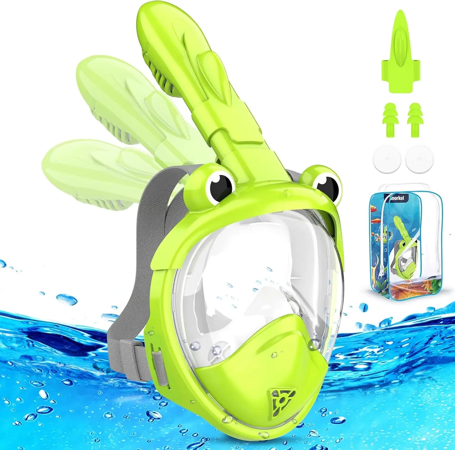 Integral snorkeling mask for children from 4 to 16 years old, folding, anti-loss of water and anti-fog, with 180° view HD and portable bag