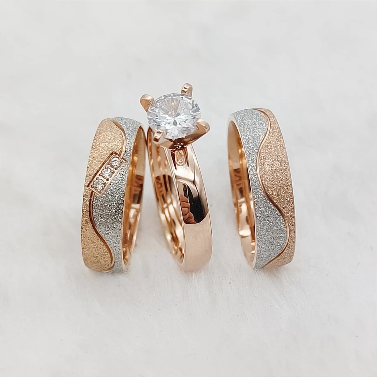 Proposta 3 pezzi Promessa di matrimonio Anelli di fidanzamento di nozze Set da sposa per uomini Donne Coppie Alleanza Gioielli placcati in oro rosa 18 carati