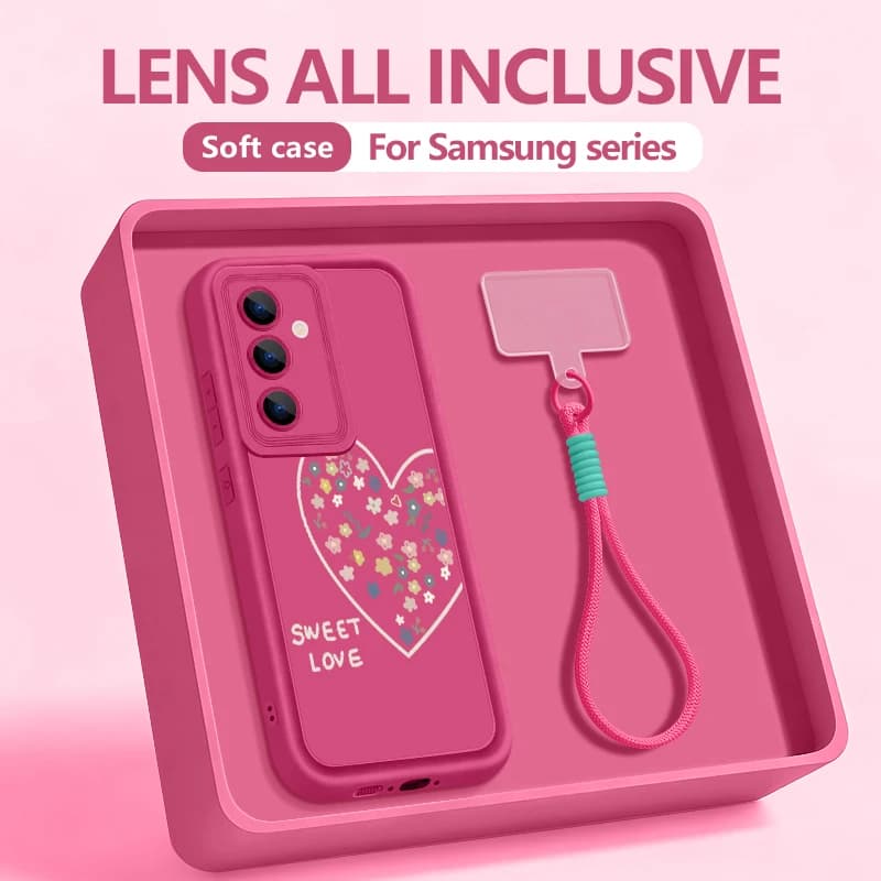 S25 Bordo Caso Del Fumetto Fiori Del Cuore di Amore Cordino Caso Per Samsung S24 Ultra S23 S22 S21 FE A17 A54 A15 A35 A55 A16 A36 A56 5G