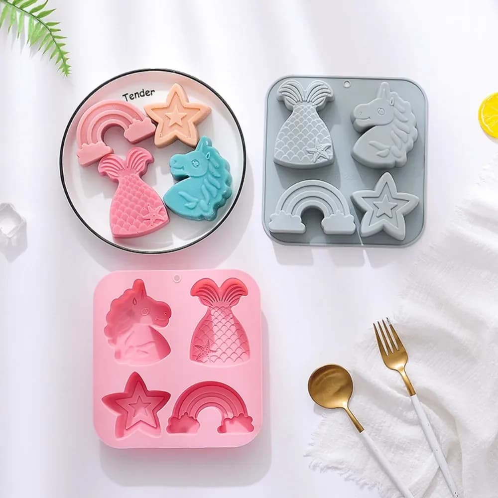 Stampi per cioccolato in silicone con stella arcobaleno a 4 fori Stampi per biscotti in gelatina di unicorno Sirena Candela profumata Decorazioni per feste di compleanno Regalo di sapone