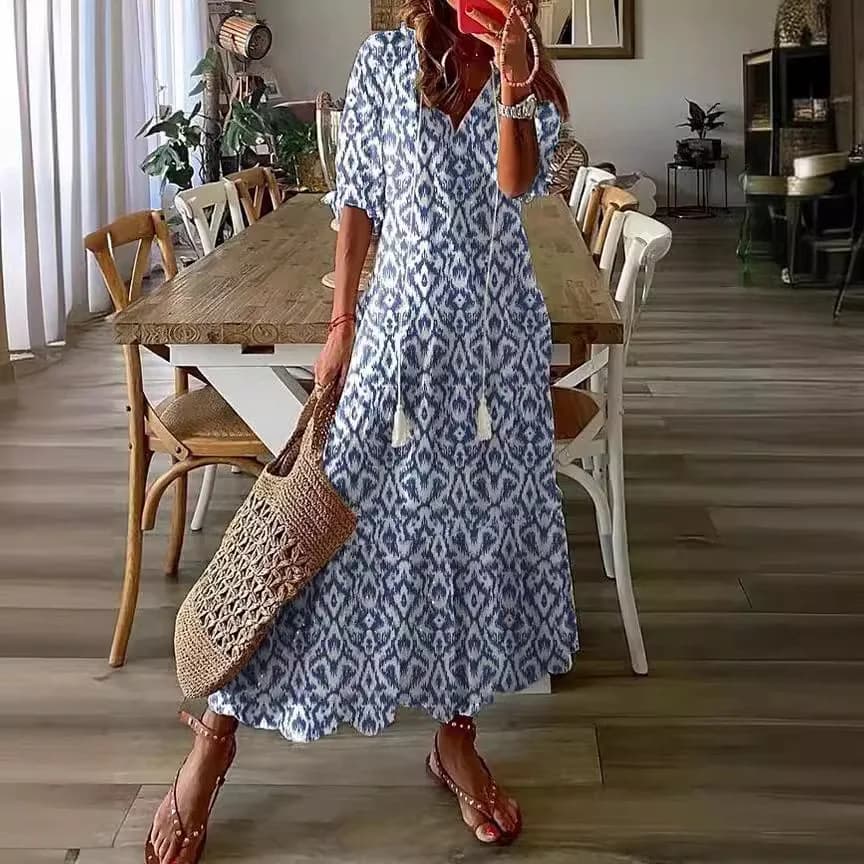 Abito lungo casual da donna con scollo a V, senza maniche, in maglia di poliestere, modello A-line, sottile, a maniche lunghe a sette ottavi