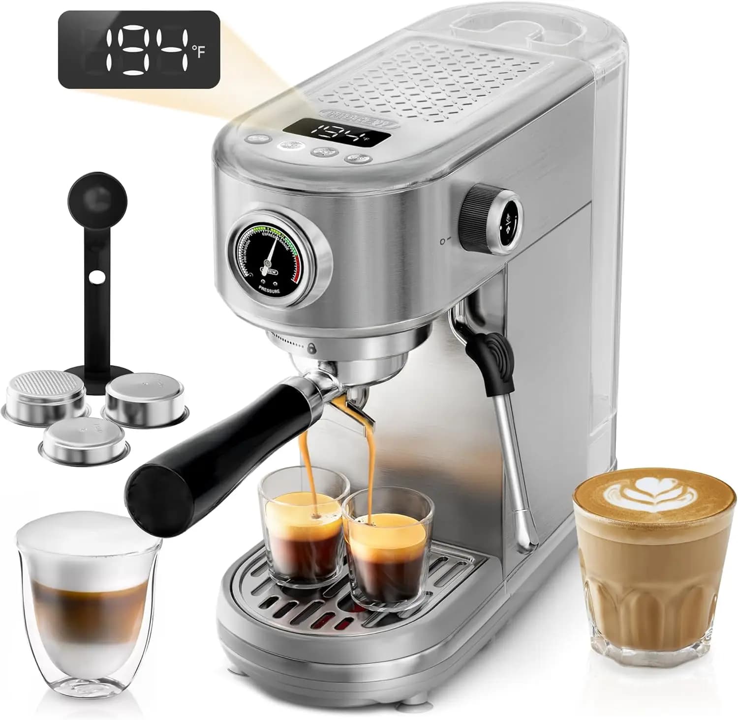 Macchina per Espresso 20 Bar con Montalatte a Vapore, Acciaio Inossidabile, Display LED, Temperatura e Volume Tazza Regolabili