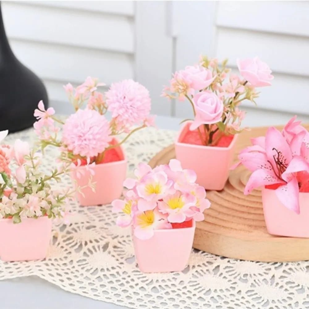 Set of 3/6 Pieces New Fa-da-Te Artificial Plants Kit in Vase, Mini Bonsai Artificial Plastic Flowers for Table Decoration and Office