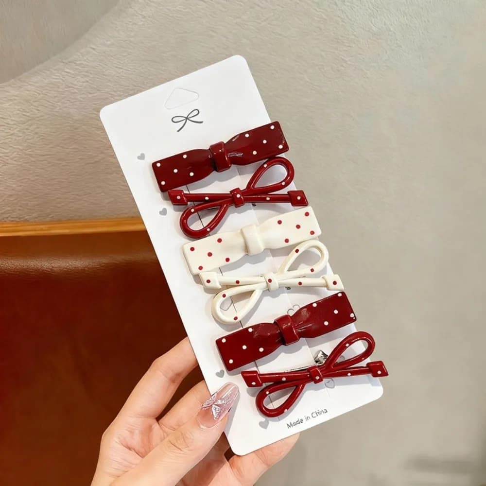 Sweet Polka Dot Hair Clips Cute Design Fish Shape Bow Duckbill Clip Set Bone Shape Mixed Color for 6PCS/SET