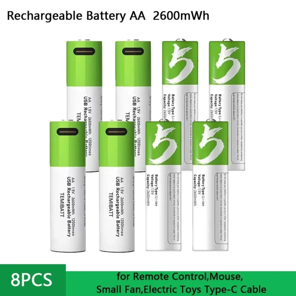 8pcs 1.5V AA 2600mWh Battery Capacity Rechargeable Battery for Remote Control Mouse Small Fan Electric Toys Type-C Cable