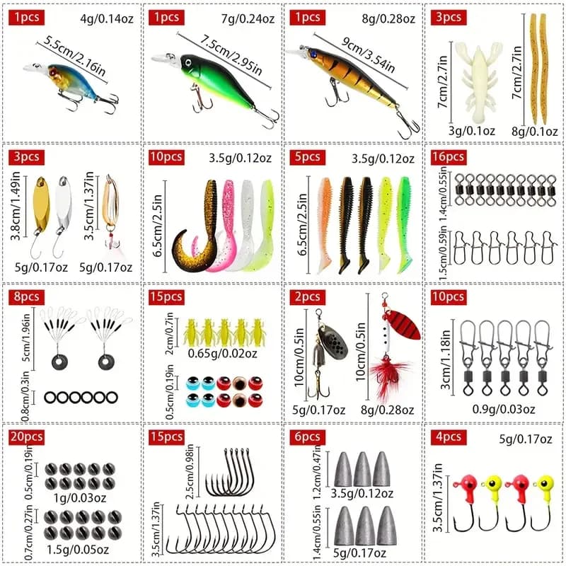 Complete 125-piece bionic fishing kit | Realistic rigid/soft baits (4g-8g) + adjustable pyombines and safety hooks | All-in-one equipment