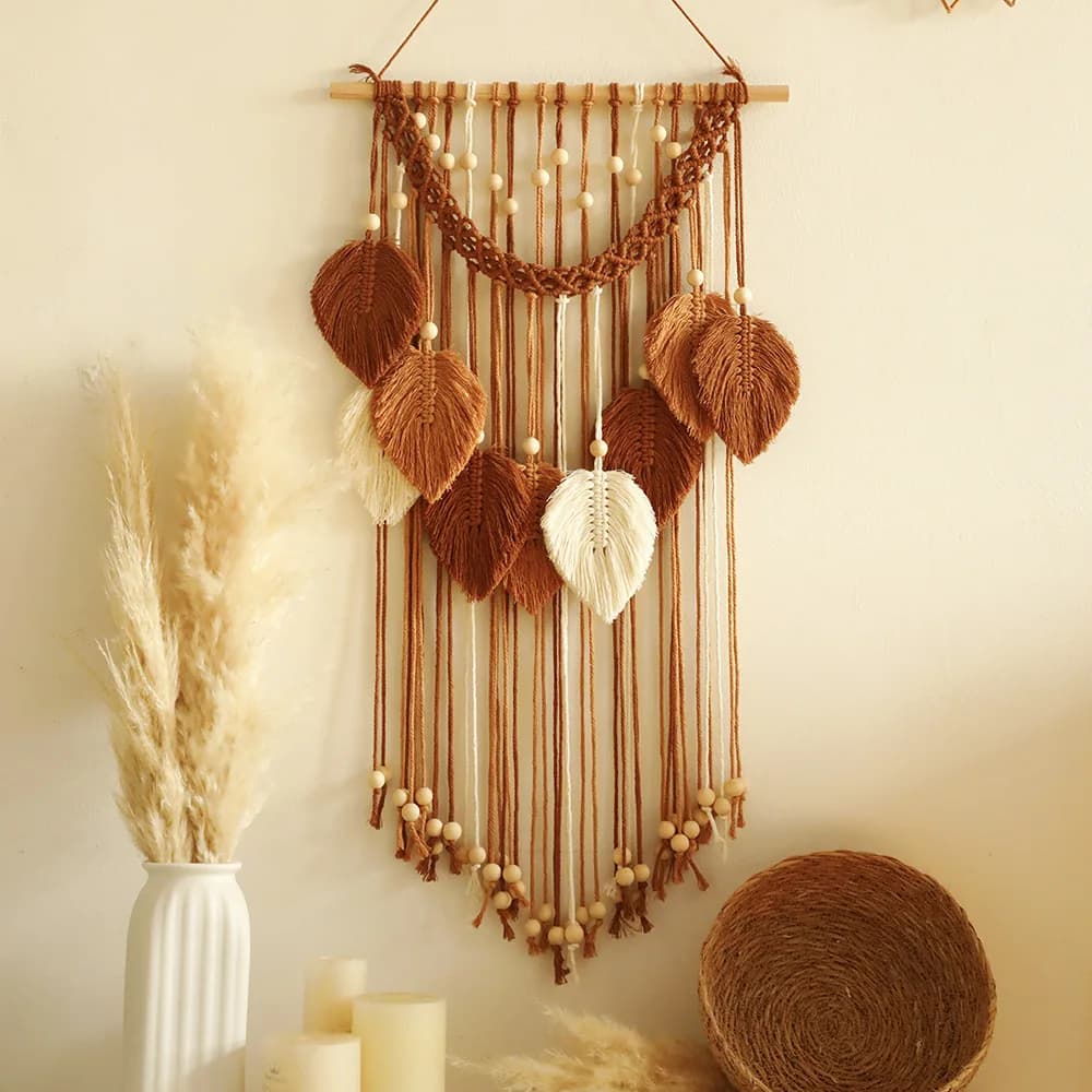 Bohemian Wall Tapestry Cotton Rope Woven Walls Hanging Decoration with Wooden Bead Leaf Tapestry Homestay Living Room Wall Decor