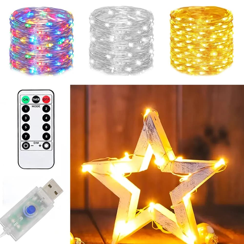 Luci Fatate LED a Filo da 2/5/10/20M con Telecomando e Spina USB, Ghirlanda per Matrimoni, Decorazione Esterna per Compleanni e Camere da Letto