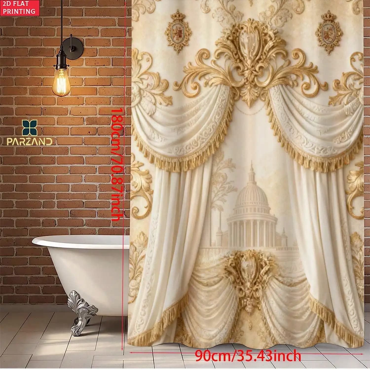 2D Flat, 1pc Parzand Retro Court Style Shower Curtain with Hooks - Elegant Suitable for Home & Hotel Bathroom Decor, Washable Curtain, Top-Hook with Pull System, Bath Curtain for Bathtub (No Care), 2D Flat