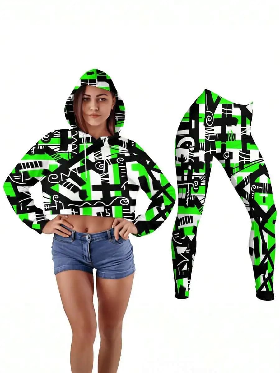 Set di felpa corta da donna e leggings a vita alta con motivo astratto verde nero bianco, abbigliamento sportivo estetico Y2K