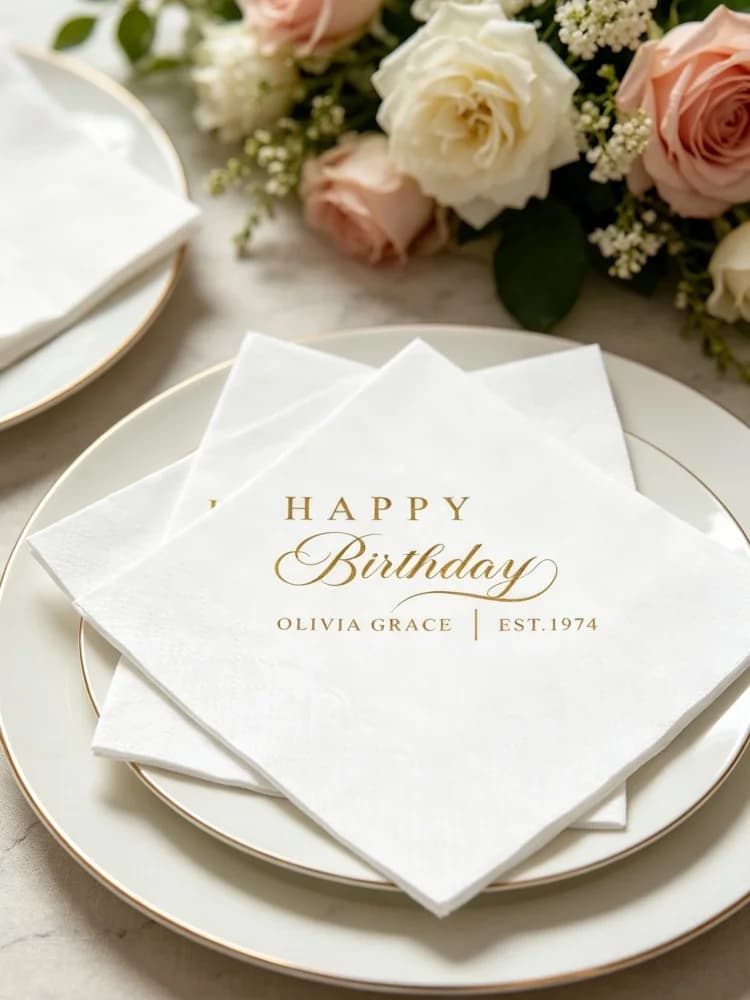 Custom Gold Foil Happy Birthday Cocktail Paper Napkins Personalized Disposable Dinner Napkins Birthday Party Table Decor Favor