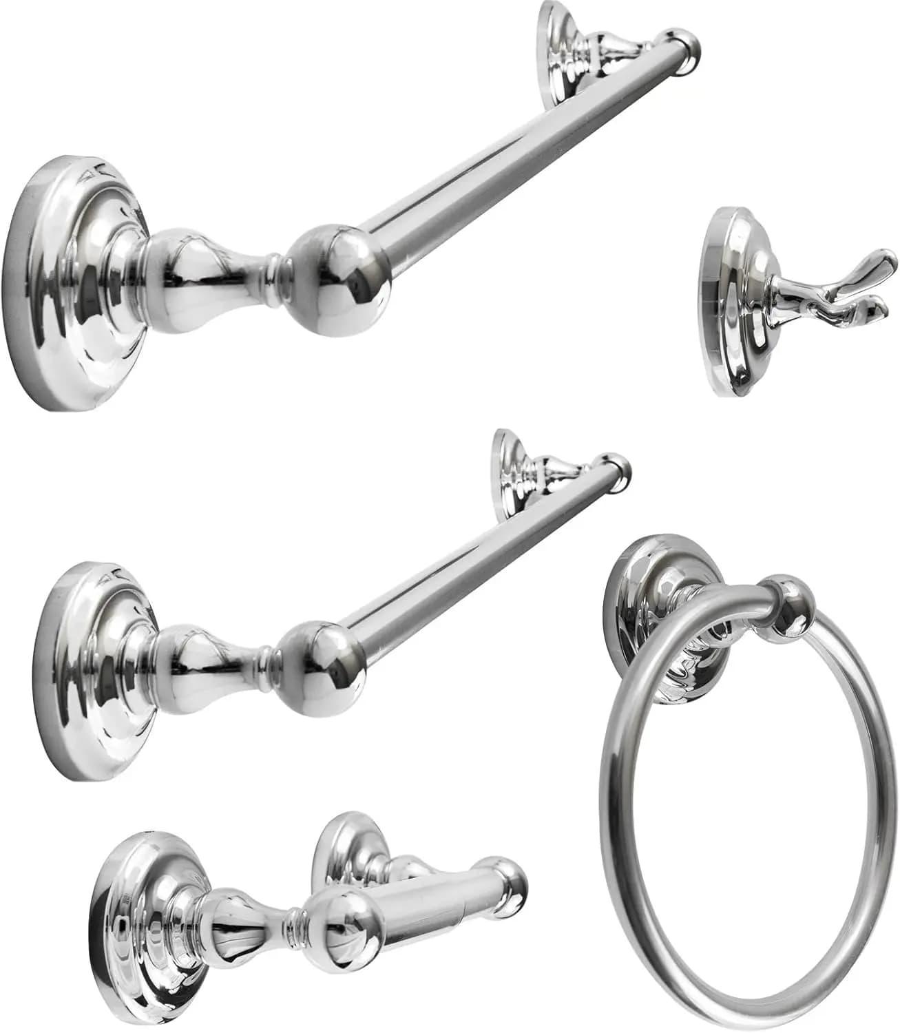 Set di accessori per il bagno da 5 pezzi: gancio per accappatoio, porta carta igienica, anello porta asciugamani, portasciugamani da 18 e 24 pollici, cromo lucido