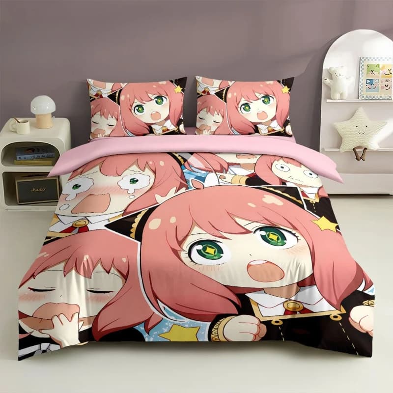 Set di Biancheria da Letto SPY FAMILY Anya Forger, Cartone Animato Anime Carino Kawaii per Ragazzi e Ragazze, Set Quattro Pezzi con Lenzuolo e Copripiumino 2D, Regalo