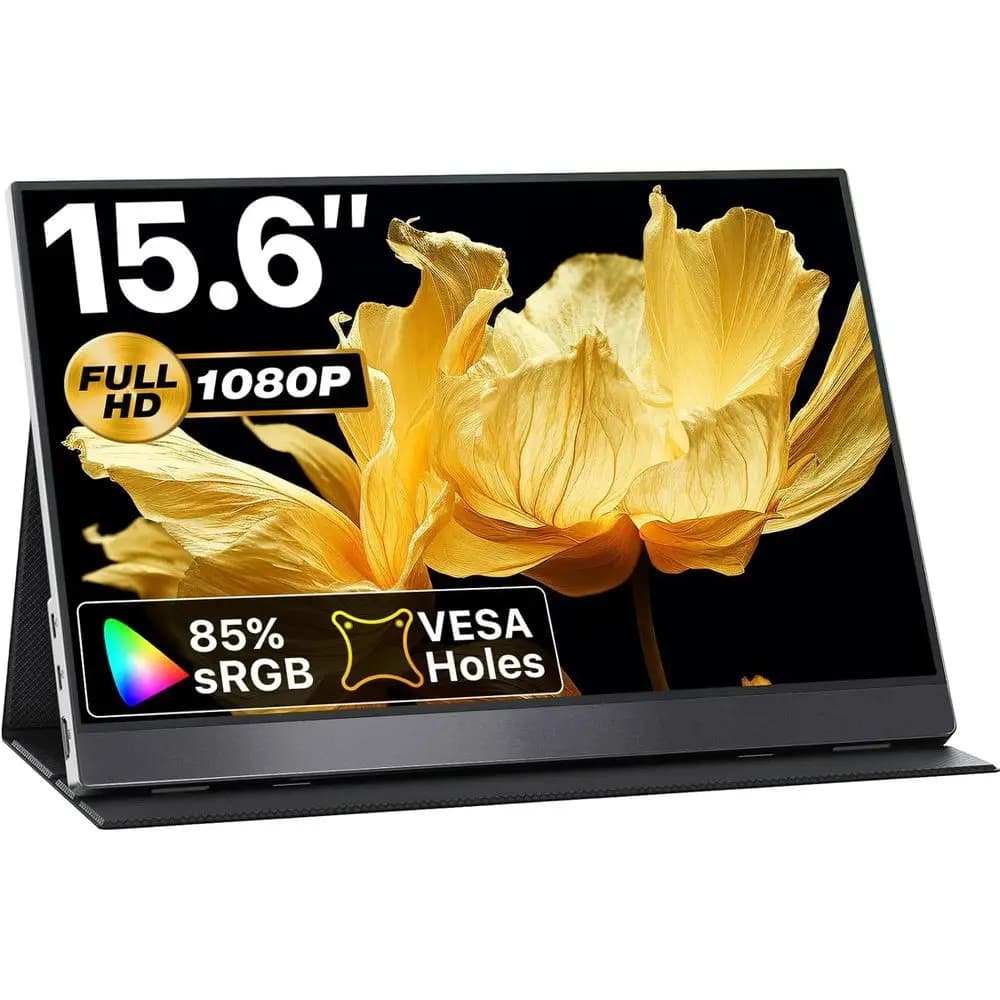 Monitor Portatile 15.6 1080P con USB-C, HDMI, HDR, 85% sRGB, Supporto VESA, Altoparlanti e Supporto con Copertura