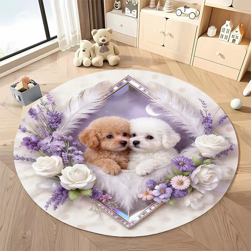 Free shipping! "Cozy Puppy Paradise: Floral Accent Rug for Nursery" round carpet for home sofa bedroom, gift