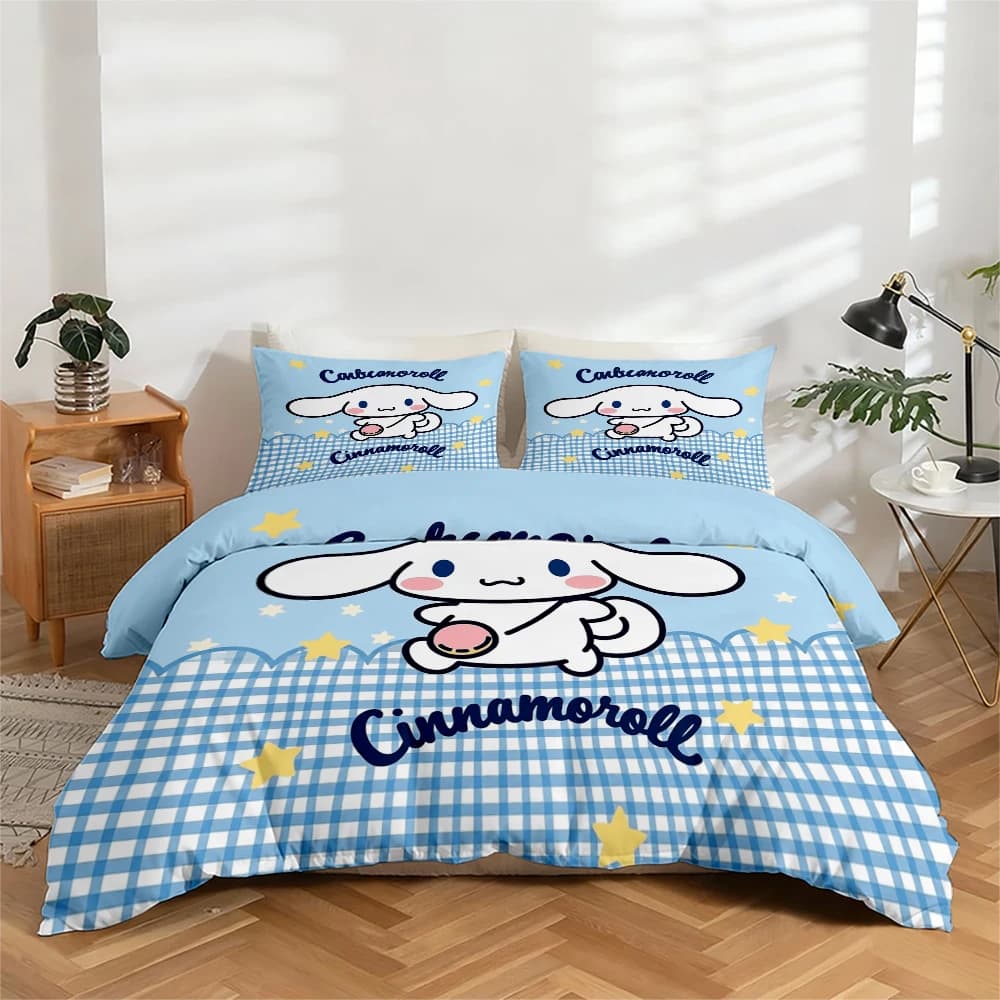 3-Piece High-Definition Digital Print Bedding Set, Large Floral Pattern Duvet Cover Set with Cinnamoroll Cartoon Design, Includes 1 Duvet Cover + 2 Pillowcases, Suitable for Bedroom, Guest Room, Home Decoration, Polyester Fiber Duvet Cover + Pillowcase, Ultra-Soft Bedding, Thick Fabric, Suitable for All Seasons, Machine Washable