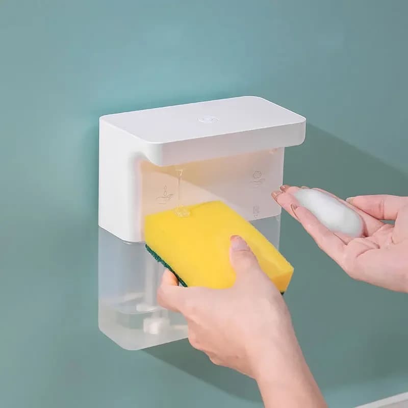 Distributore automatico di sapone regolabile a parete a doppia testa per detersivo liquido per lavaggio a mano in schiuma a induzione