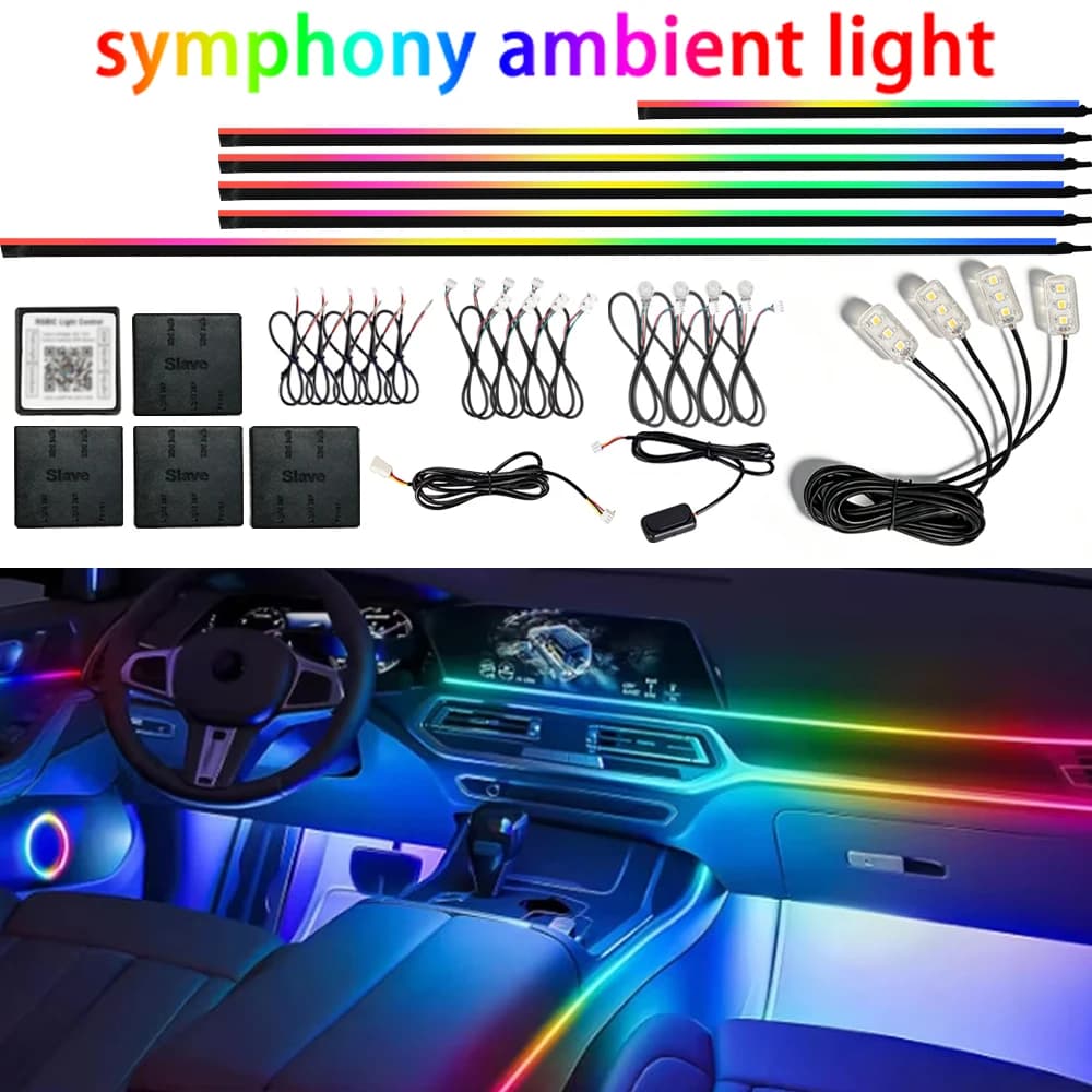 Ambient Lights for Auto 18 in 1 with RGB Colors, 64 Colors, Universal Acrylic Hidden LED Strip, Symphonic Atmosphere Lamp